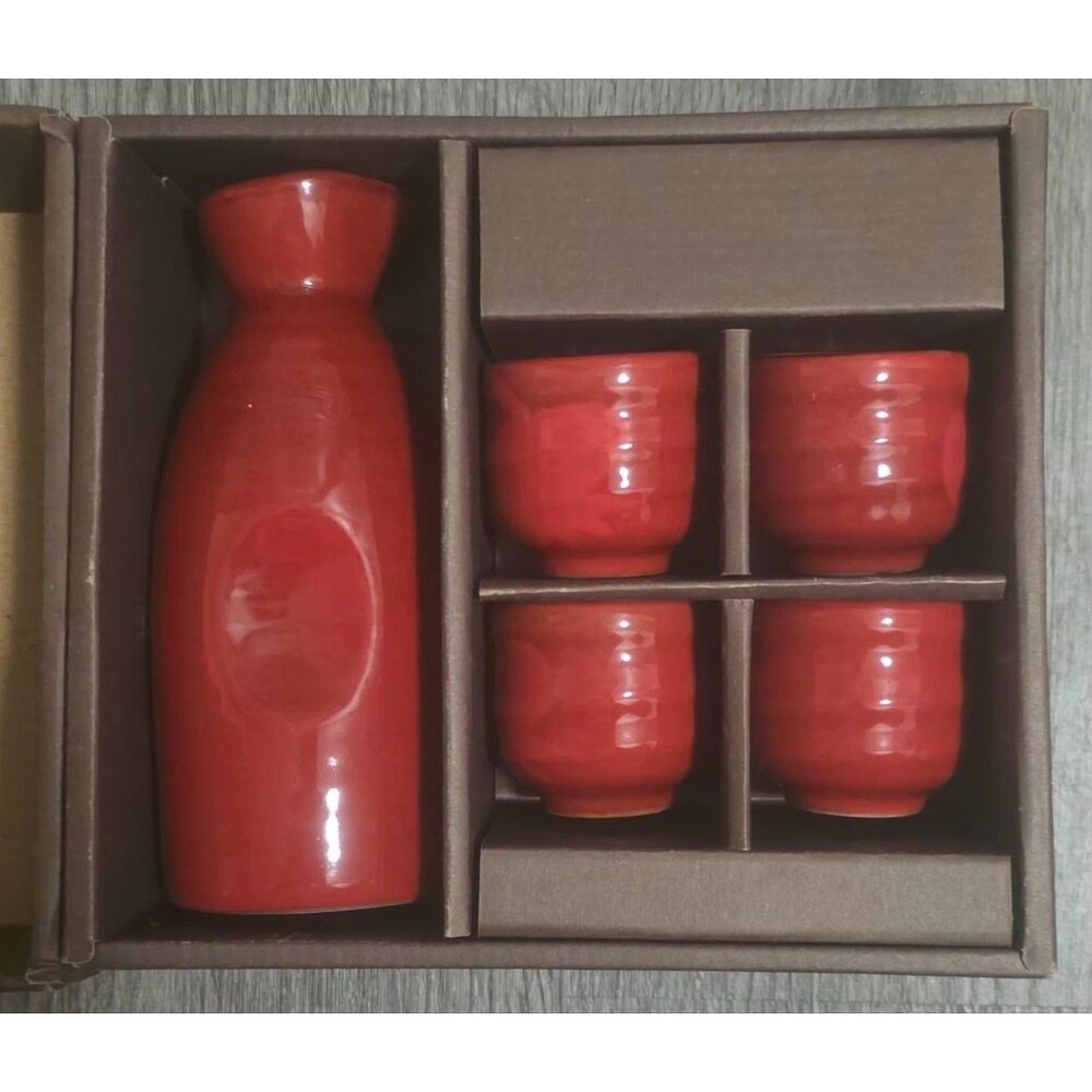 Kafuh Japan Red Ceramic Floral Sake Set 5 Pc.
